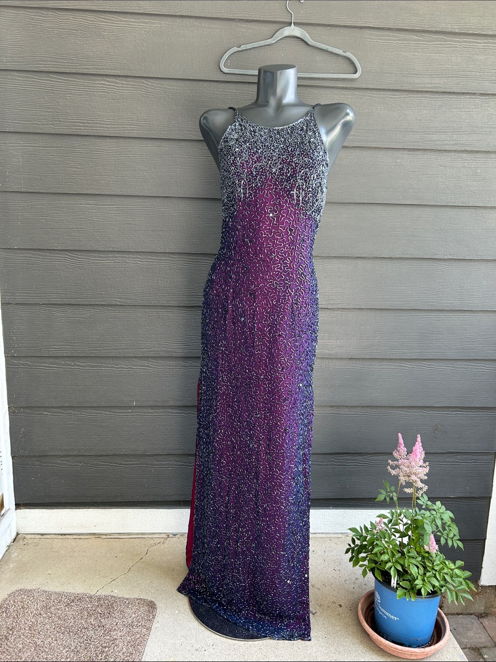 Vintage 90s Cache Gold Label Silk Beaded Maxi Gown Pageant / Prom Dress
